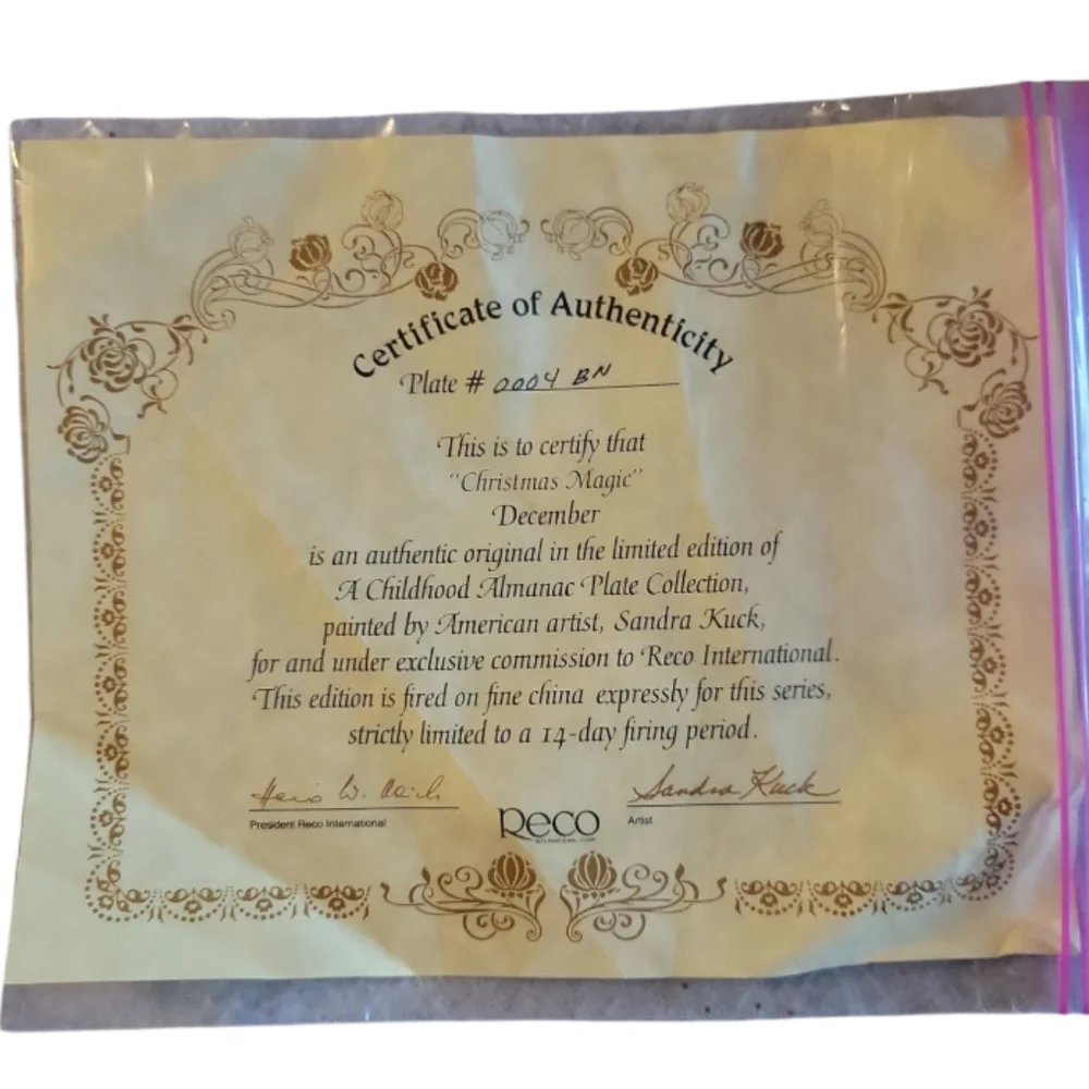 Vtg Christmas Magic December Child Hood Almanac Sandra Kuck Reco COA  Plate Gold